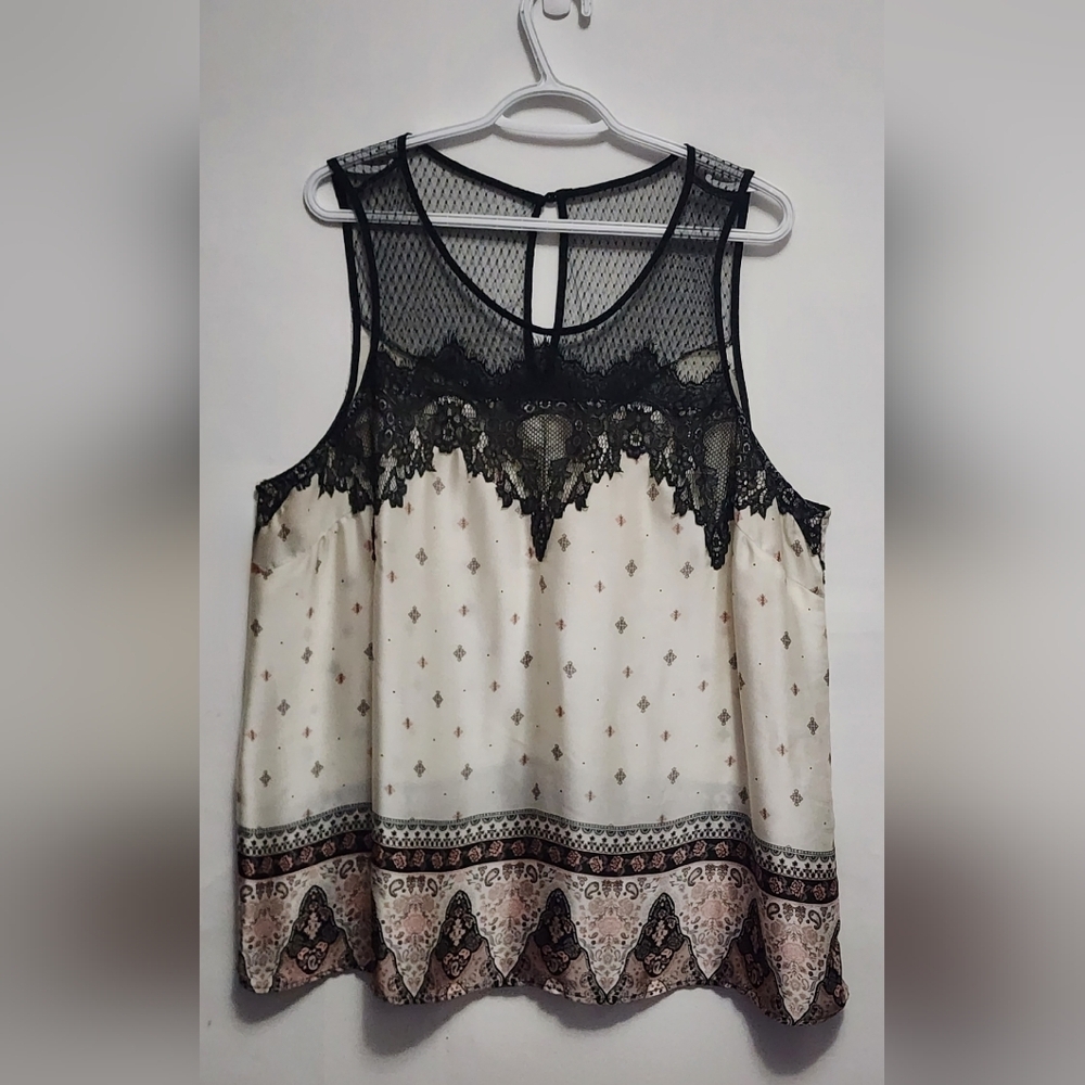 Maurices Cream & Black Lace Trimmed Plus Dizec Sleeveless Camisole size:3X